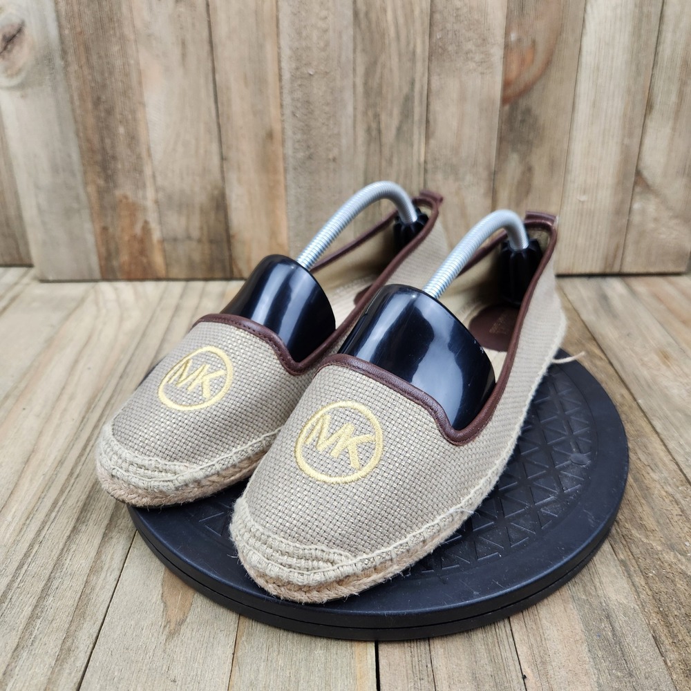 Michael Kors Rey Espadrille Flats Womens size 7 Beige Canvas Leather Trim Boho